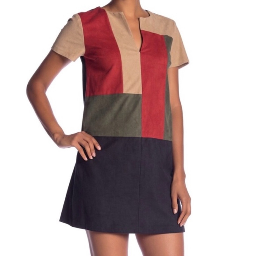 1. State Suede Colorblock Patchwork Shift Dress Mod Retro 70s XS Tan Black